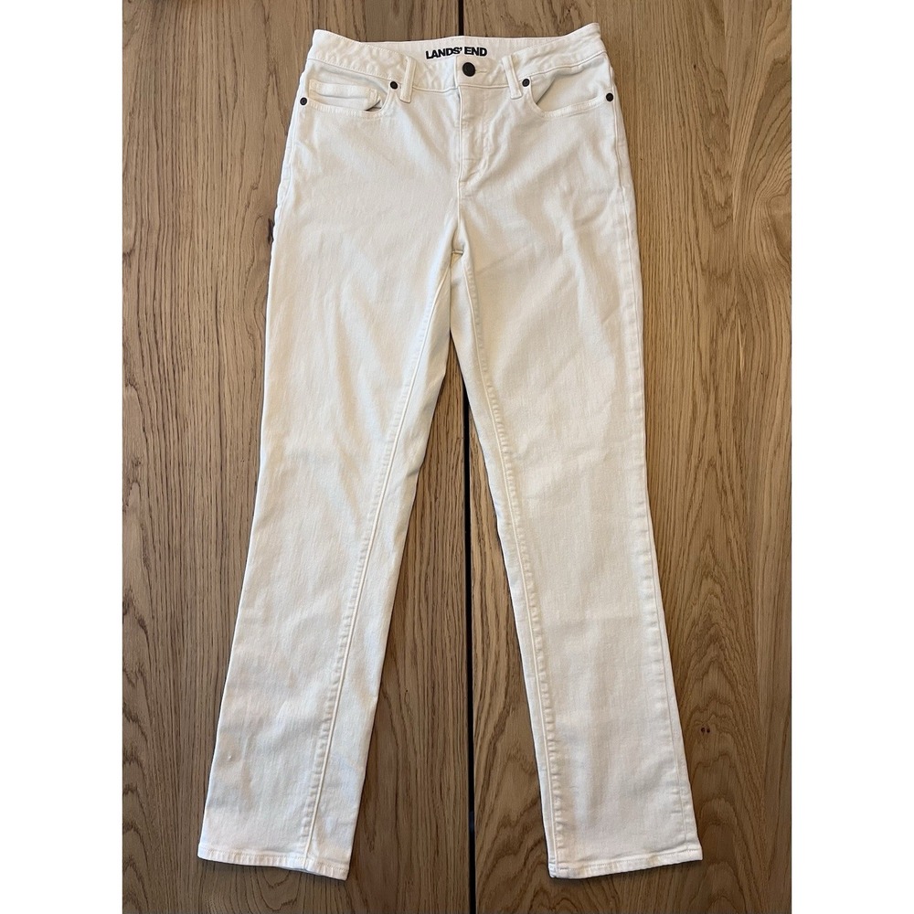 Lands End Women's Size 8 White Straight Leg Mid Rise‎ Jean Cotton Blend Summer